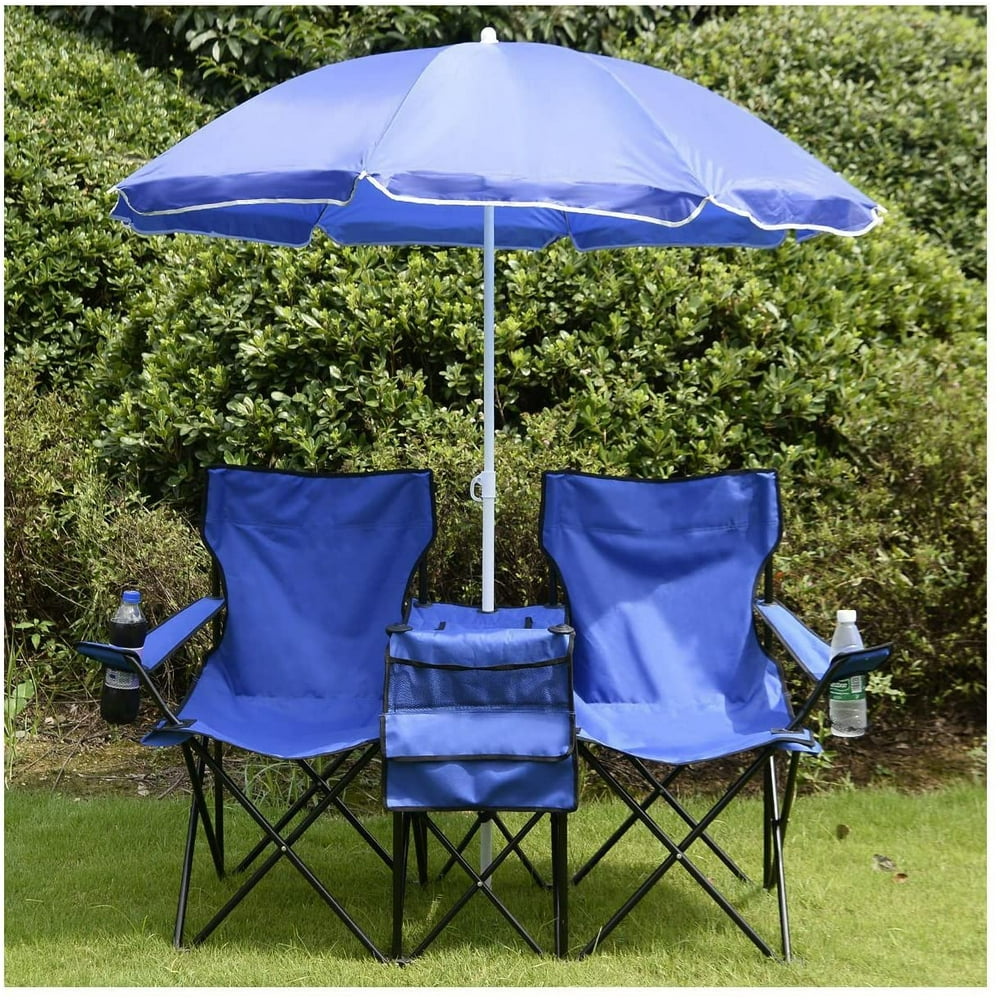 Double Folding Chair, Portable Camping Chair with Removable Umbrella