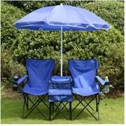 URHOMEPRO Double Folding Chair, Portable Camping Chair with Removable Umbrella, Table Cooler Bag, Carrying Bag, Fold Up Steel Seat for Patio Beach Lawn Picnic Fishing Picnic Garden, Blue, W10662