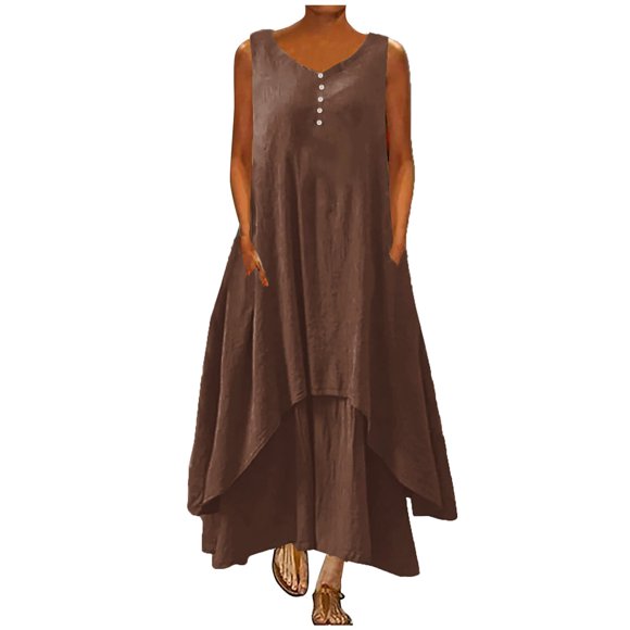 KIHOUT Summer Dresses for Women, Fashion Ladies Summer Casual Solid Round-Neck Sleeveless Vest Long Dress Coffee XL