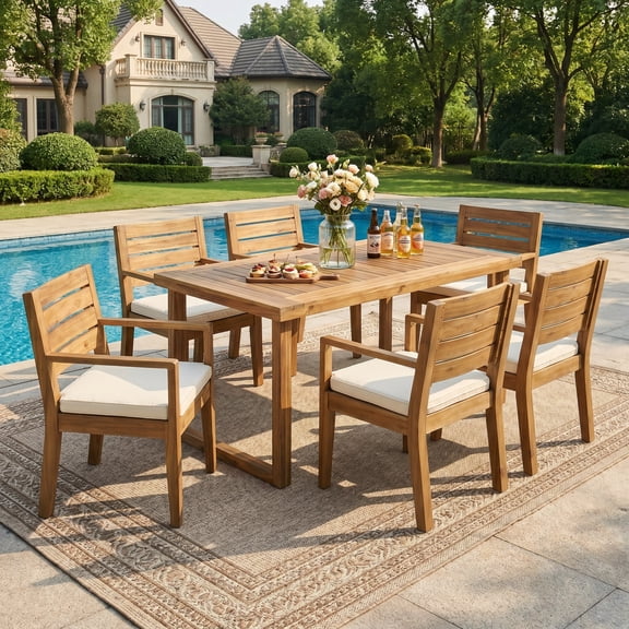 Christopher Knight Home 7-Piece Wood Outdoor Dining Set, 69" Table & Cushioned Armchairs, Natural Beige