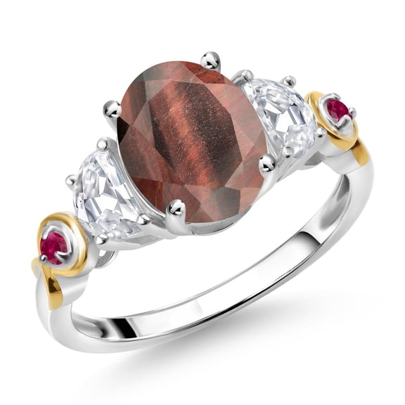 Gem Stone King 925 Silver and 10K Yellow Gold 3-Stone Ring Oval Red Tiger Eye and Moissanite (2.00 Cttw, Size 7)