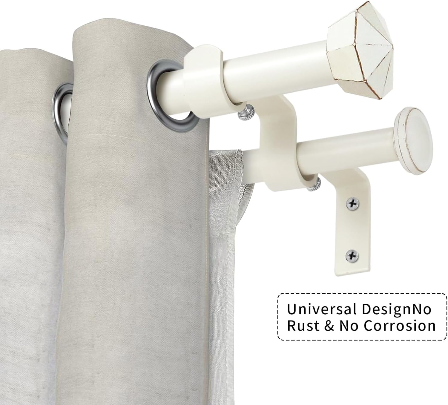 eTeckram 5/8" Double Curtain Rod with Chiodo Finials,Weathered White,28‘’-48‘’