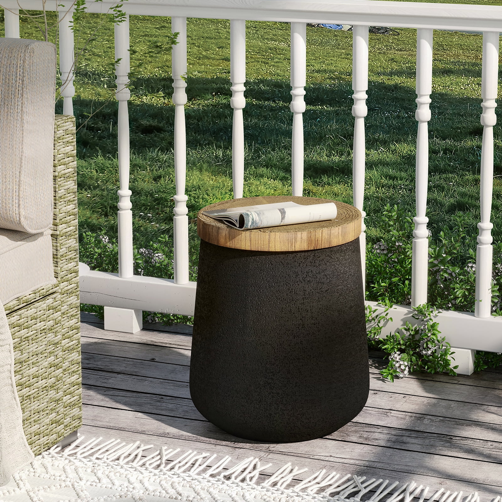VENTOPYR 2 PCS Concrete Outdoor Side Table with Wood Grain Top,Small Jar Shaped Round Accent End Table for Patio, Garden,Black