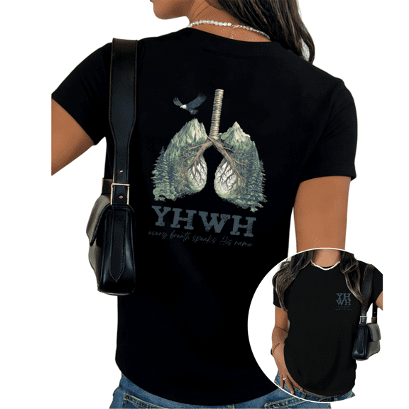 Cozymy Womens YHWH Every Breath Speaks His Name Nature Christian Graphic T-Shirt S-5XL Black Tops