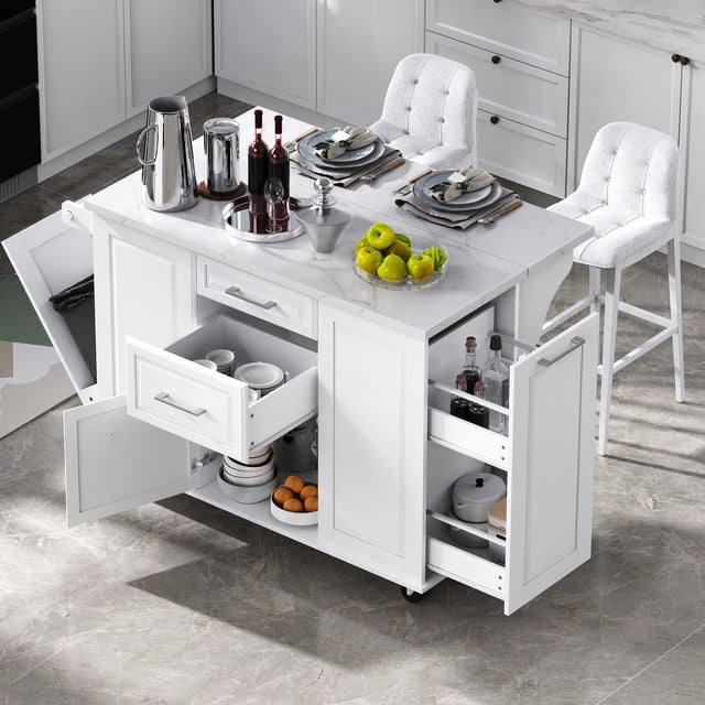 Îlot de Cuisine Blanc Vintage - Îlot Roulant avec Rangement et Rallonge Rabattable