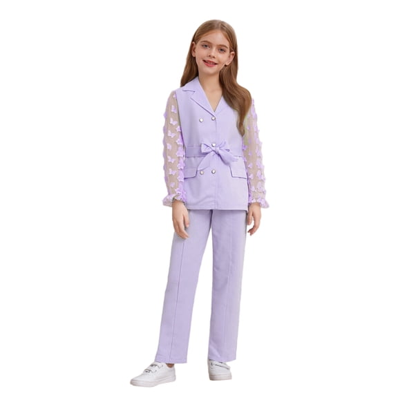 TTAO Girl's Dressy Suit Set Formal Wear for Wedding Party Button Blazer Jacket with Elastic Pants 2 Piece Outfits Purple 7-8
