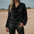 thumbnail image 2 of TTUHYWXI Women's Satin Silky Cowl Neck Drape Ruched Front Long Sleeve Blouse Shirt Top (Black, XXL), 2 of 7
