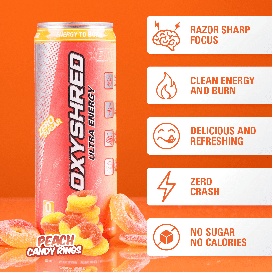 EHPlabs OxyShred Ultra Energy Drink - Performance Carbonated Energy Drink with Zero Sugar, Carbs & Calories, 100% Natural, Peach Candy Rings (12-Pack)