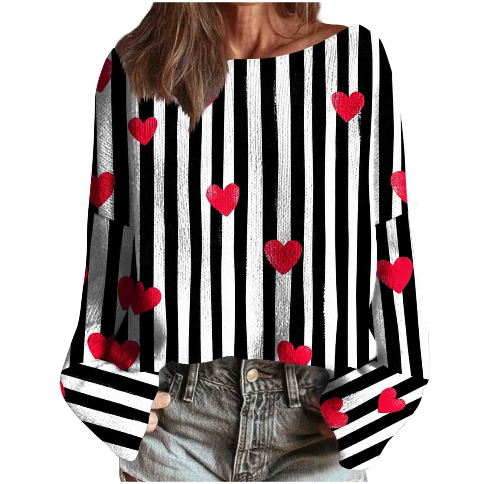 asdoklhq Valentine Plus Size Tops for Women Winter Heart Printed Long Sleeved Round Neck Pullover Fashion Casual Loose Top Black XL