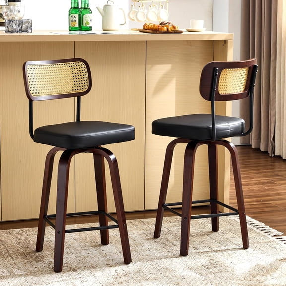 Neatifyes Modern Bar Stool 26" H, PU Leather with Rattan Back, 360° Swivel, Solid Wood Legs Barstools for Kitchen Island & Home Bar, Black 2 Pack