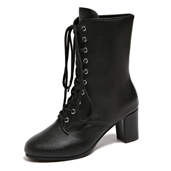 SACFOF Women's Victorian Ankle Boots - Mid Calf, Round Toe, Black Boots with Chunky Heel & Lace Up Detail