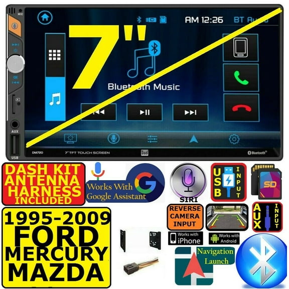 FORD-MERCURY-MAZDA AM/FM USB/BLUETOOTH CAR RADIO STEREO PKG WITH OPT SIRIUSXM SATELLITE RADIO. INCL VEHICLE SPECIFIC INSTALLATION HARDWARE DASH KIT, WIRE HARNESS, AND ANTENNA ADAPTER