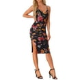 thumbnail image 2 of INSPIRE CHIC Women's Ruched Mesh Side Slit Summer Bodycon Floral Cami Midi Dress M Black, 2 of 6