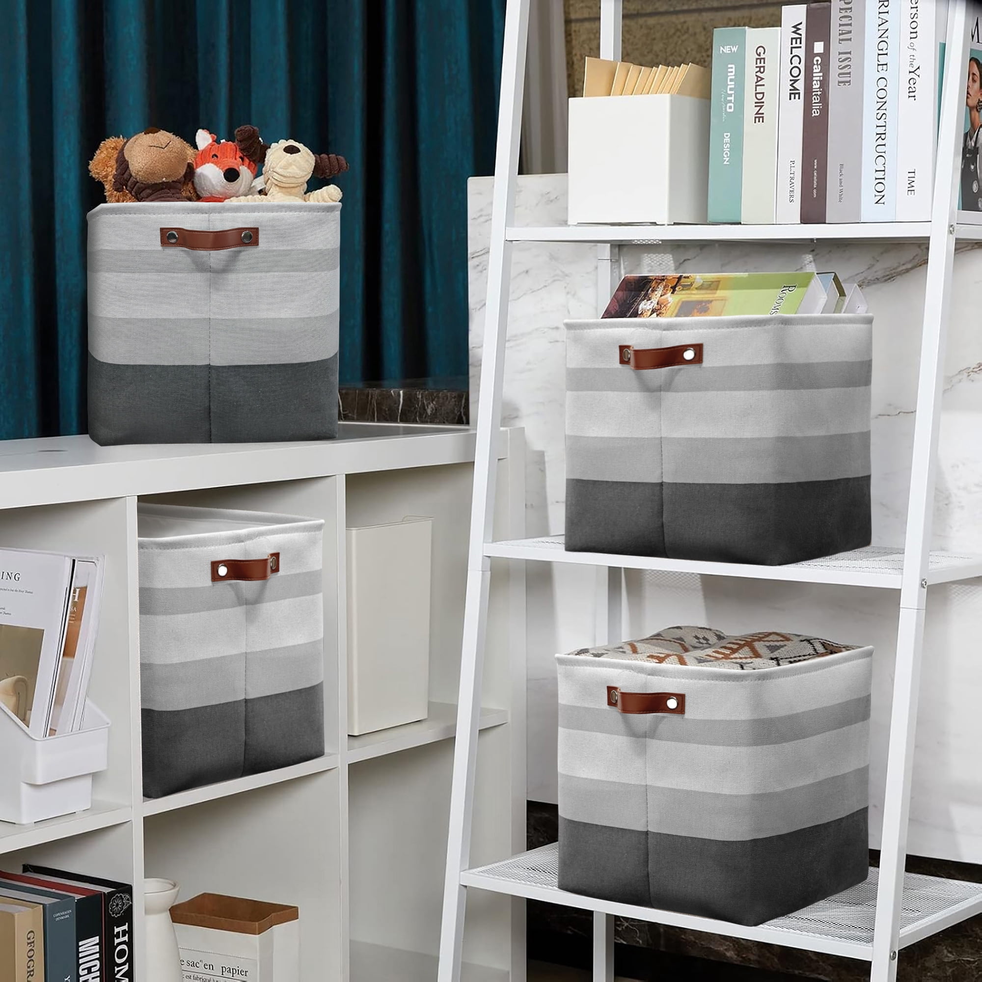 Tegance 13x13 Storage Cubes Baskets 4 Pack Fabric Cube Storage Bins Large Storage Baskets with Leather Handles,Decorative Storage Boxes for Organizing Shelves(Multicolor)