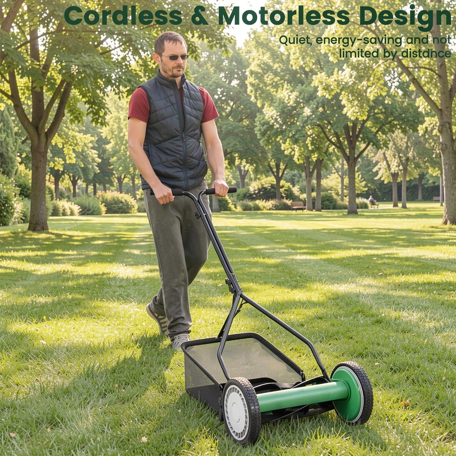 Biotree 14 Inch Push Lawn Mower with 5 Steel Blades and Grass Catcher Bag-Green Manual Reel Eco-Friendly