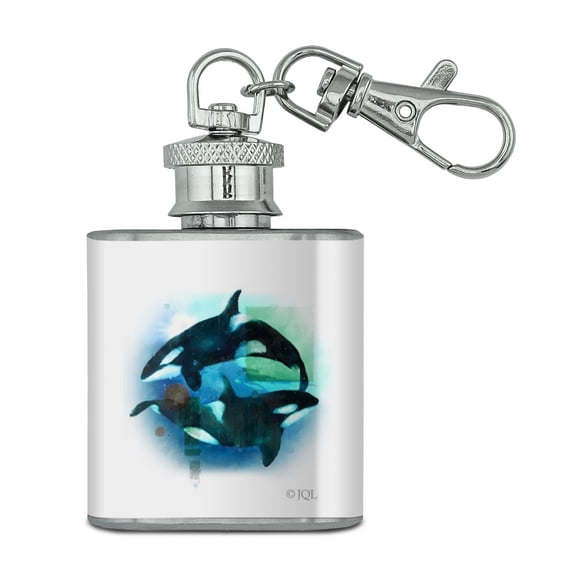 Orcas Killer Whales Watercolor Yin Yang Stainless Steel 1oz Mini Flask Key Chain