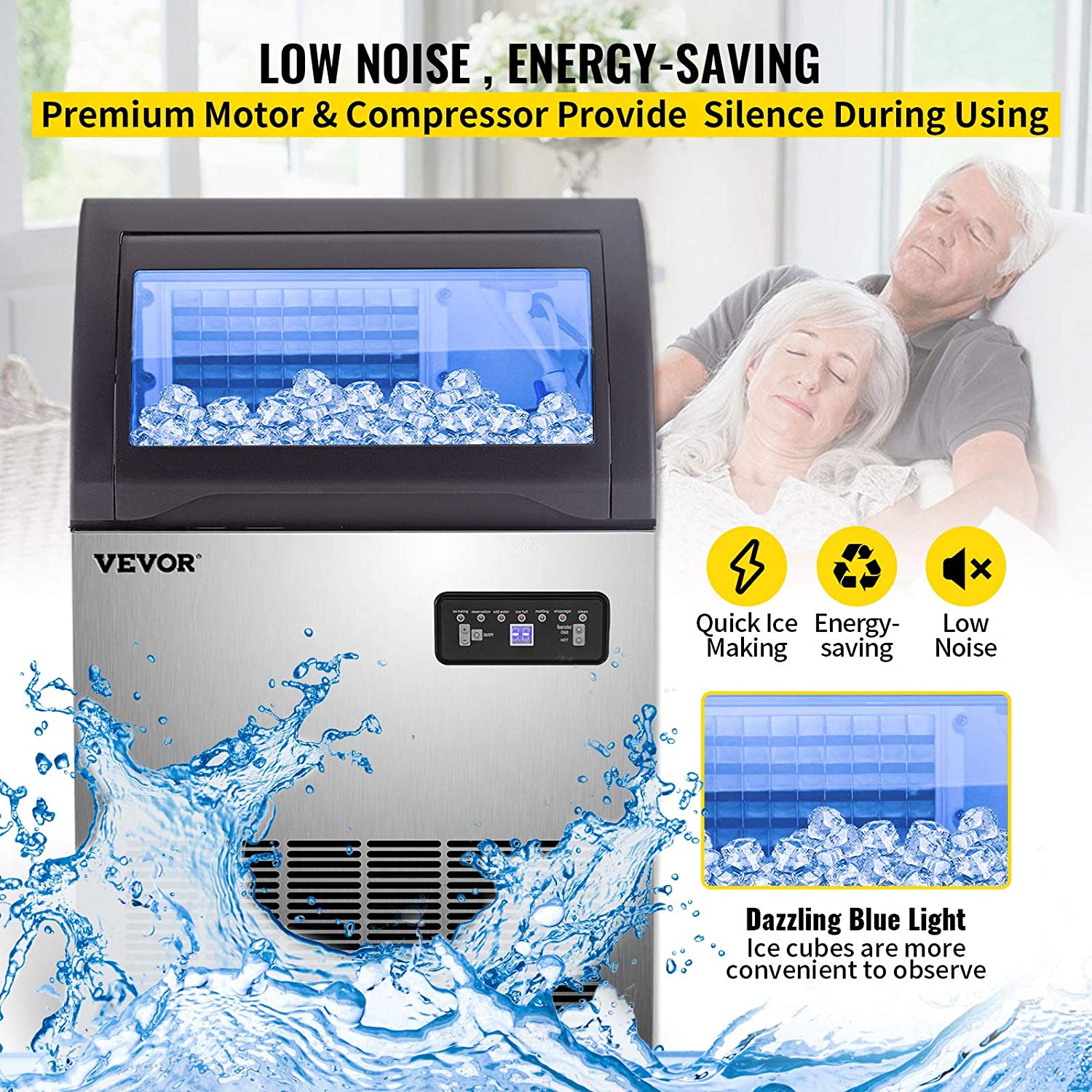 VEVOR Commercial Ice Maker 155lbs/24h,530W Commercial Ice Machine with 33lbs Storage Capacity, Stainless Steel Construction Ice Cube Making Machine, includes Water Filter and Connection Hose