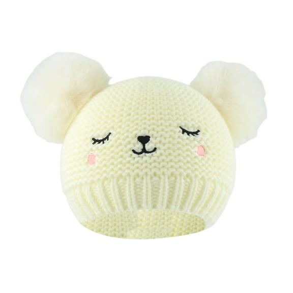 Zwiiyzr Cute Bear Baby Beanie Pompom Baby Boys Fleece Lined Hat Infant Toddler Winter Knitted Beanies for Girls Boys 0-3 Years White