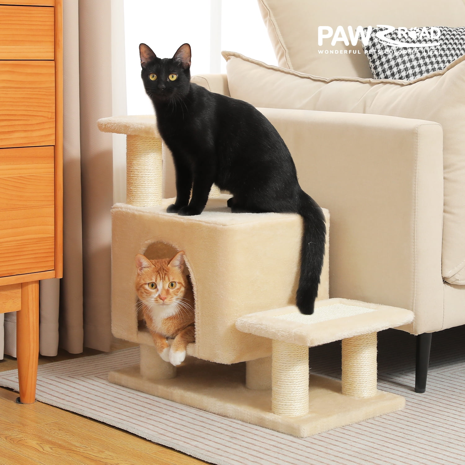 PAWZ Road 21.3" Dog Stairs with Scratching Post 3-Step Pet Stairs with Cat Condo for Small Dog Beige