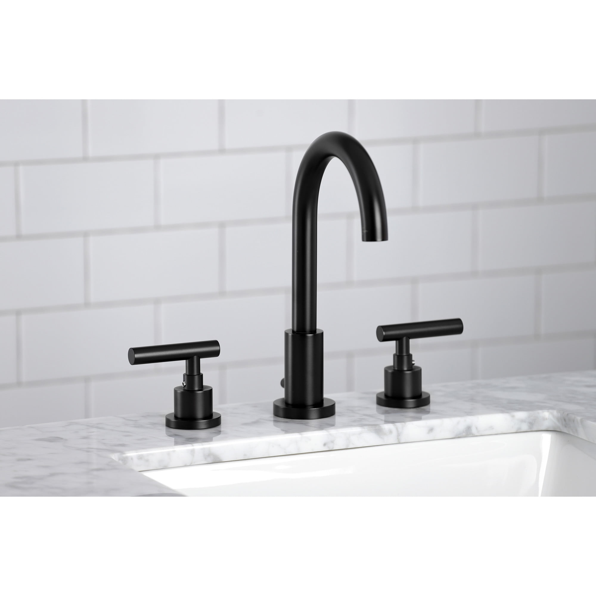 Kingston Brass FSC8920CML Manhattan Two-Handle 3-Hole Deck Mount Widespread Bathroom Faucet with Brass Pop-Up in Matte Black