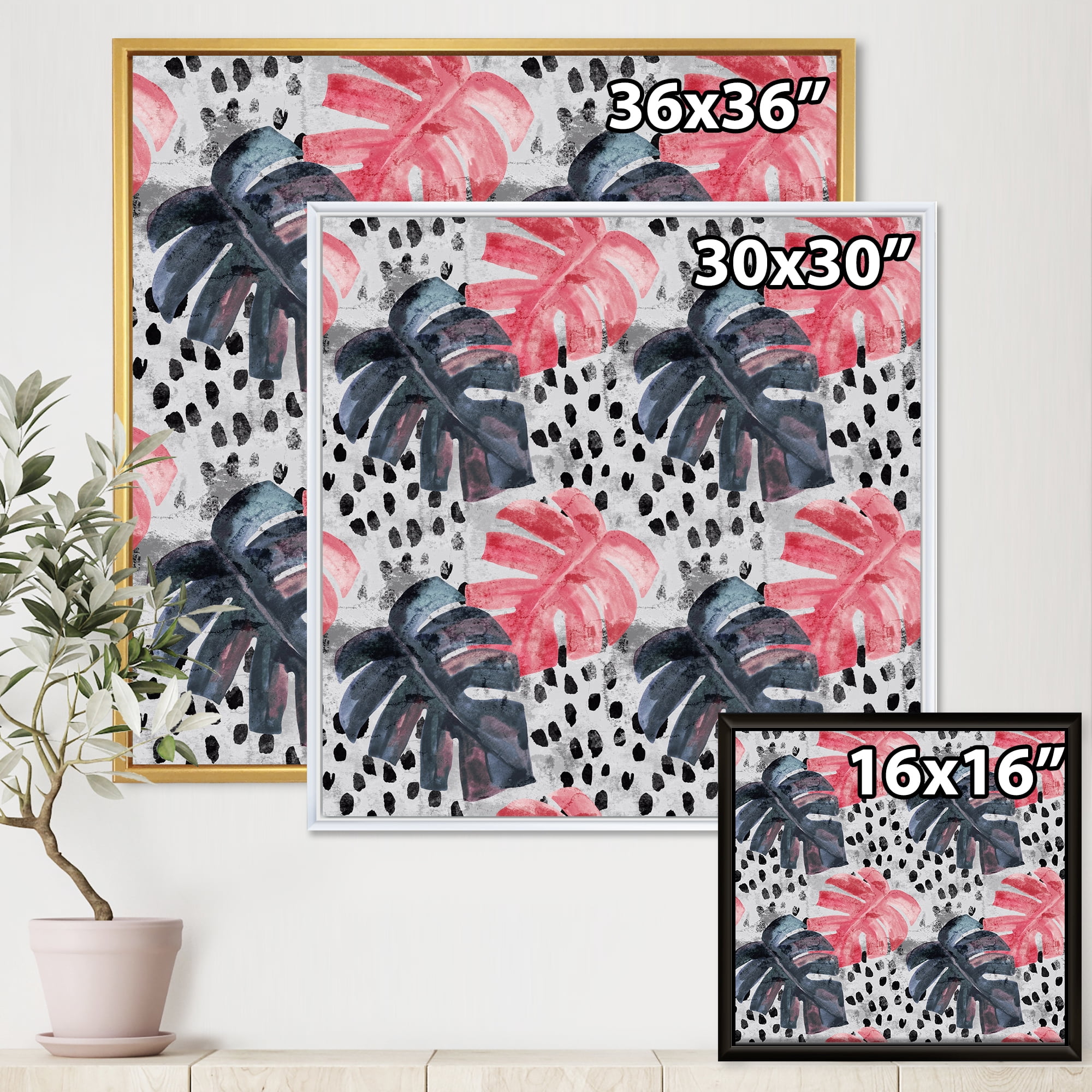 Designart 'Black and Red Monstera On Rough Brush Strokes I' Tropical Framed Canvas Wall Art Print