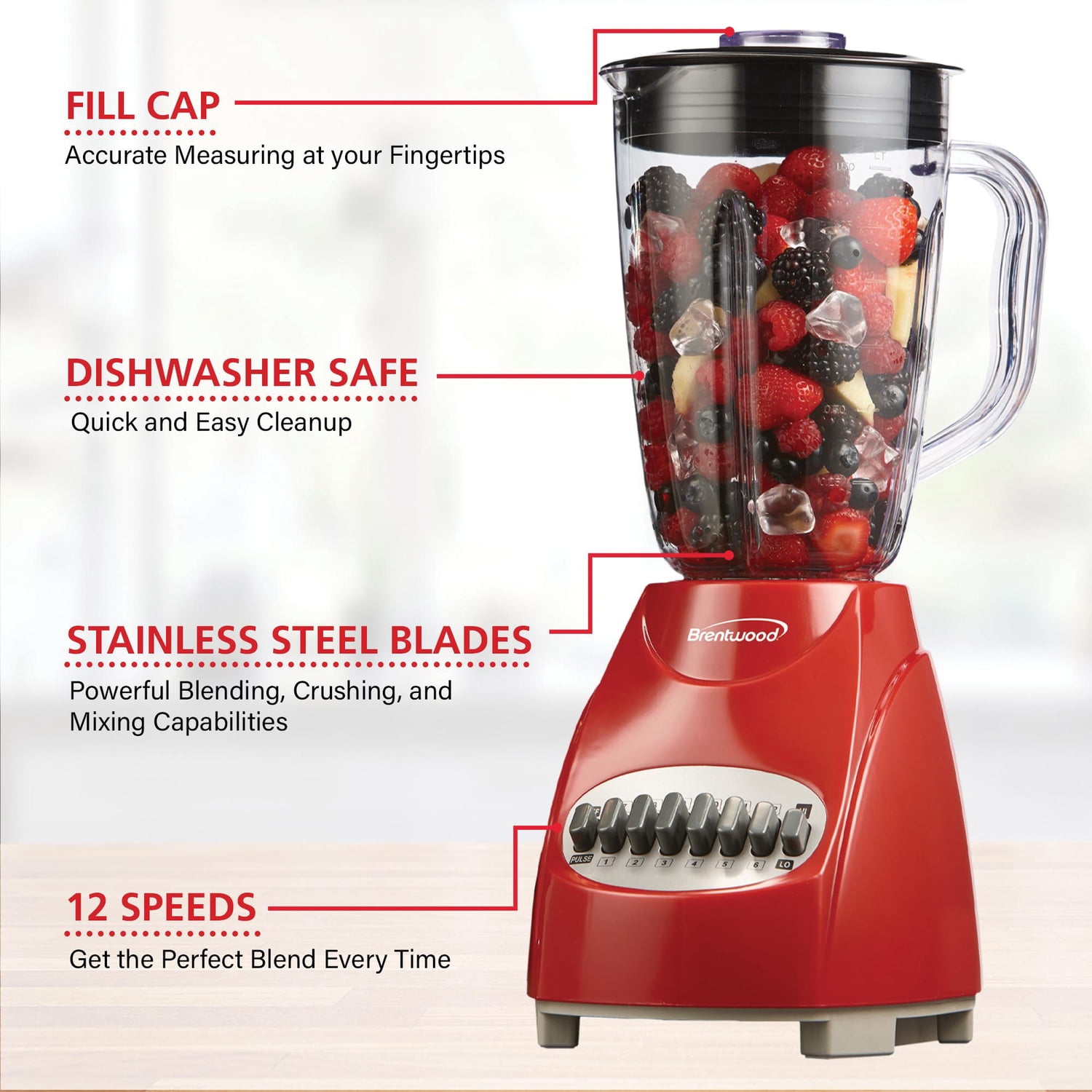 Brentwood 350 W 42 oz 12-Speed + Pulse Electric Blender, Red