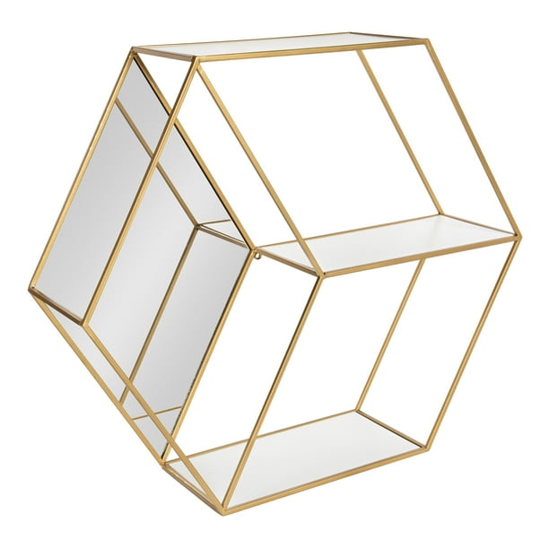 Kate And Laurel Lintz Modern Hexagon Floating Wall Shelves With Mirror Gold Metal Frame White Com - Gold Metal Hexagon Wall Shelf