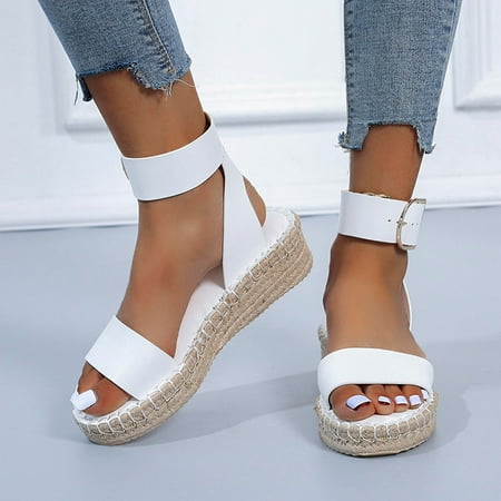 

SBYOJLPB Summer Ladies Shoes Slope Heel Thick Soled Straw Woven Metal Buckle Women s Sandals White 9(42)