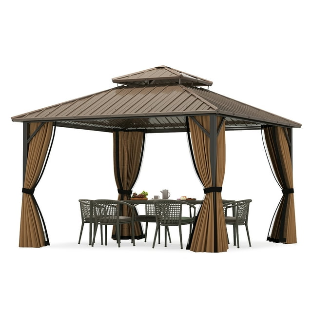 Gymax Pavillon à Toit Rigide 12 x 12 Pi avec Moustiquaire, Double Toit Robuste en Métal Galvanisé