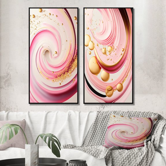 Designart "Circular Pink and Gold Abstraction I" Abstract Spirals Framed Wall Art Set Of 2 - Pink Abstract Gallery Wall Frame Set For Home Decor