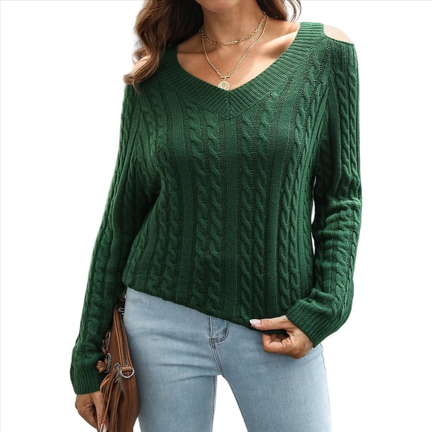 Suéter Informal de Punto Grueso con Cuello en V y Larga para Mujer con Hombros Descubiertos Verde L