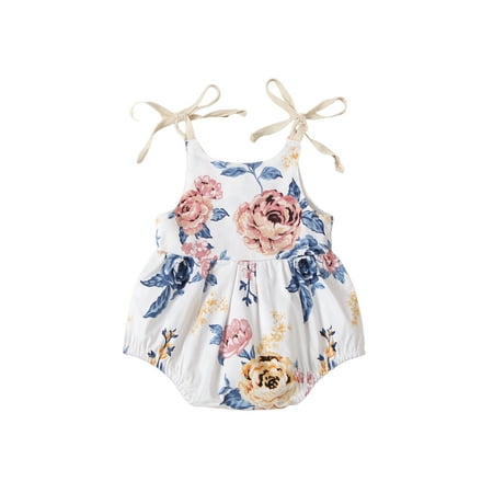 

Qiylii Baby Girl’s Flower Print Bodysuit O-Neck Strap Lace-Up Suspender Romper