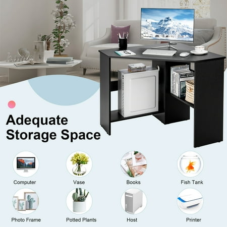 Costway Corner Computer Desk Triangle Writing Workstation w/ Storage Shelf - Black