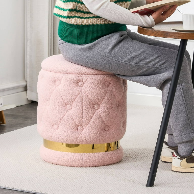 Ottoman with Storage Vanity Stool for Makeup Room, Round Footrest Storage  Ottoman Teddy Upholstered Foot Rest, Makeup Footstool, for Living Room  Dresser Kitchen Bedroom Dining Room, Pink 