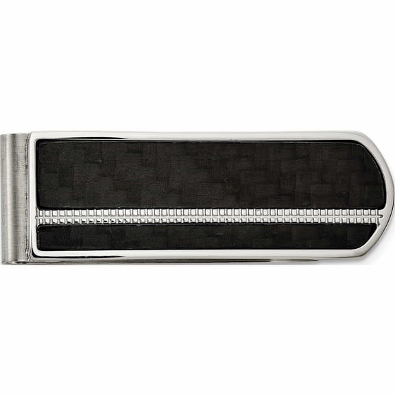 Stainless Steel Brushed And Polished Black Carbon Fiber Inlay Money Clip (54.4 X 18) Made In China -Jewelry By Sweet Pea