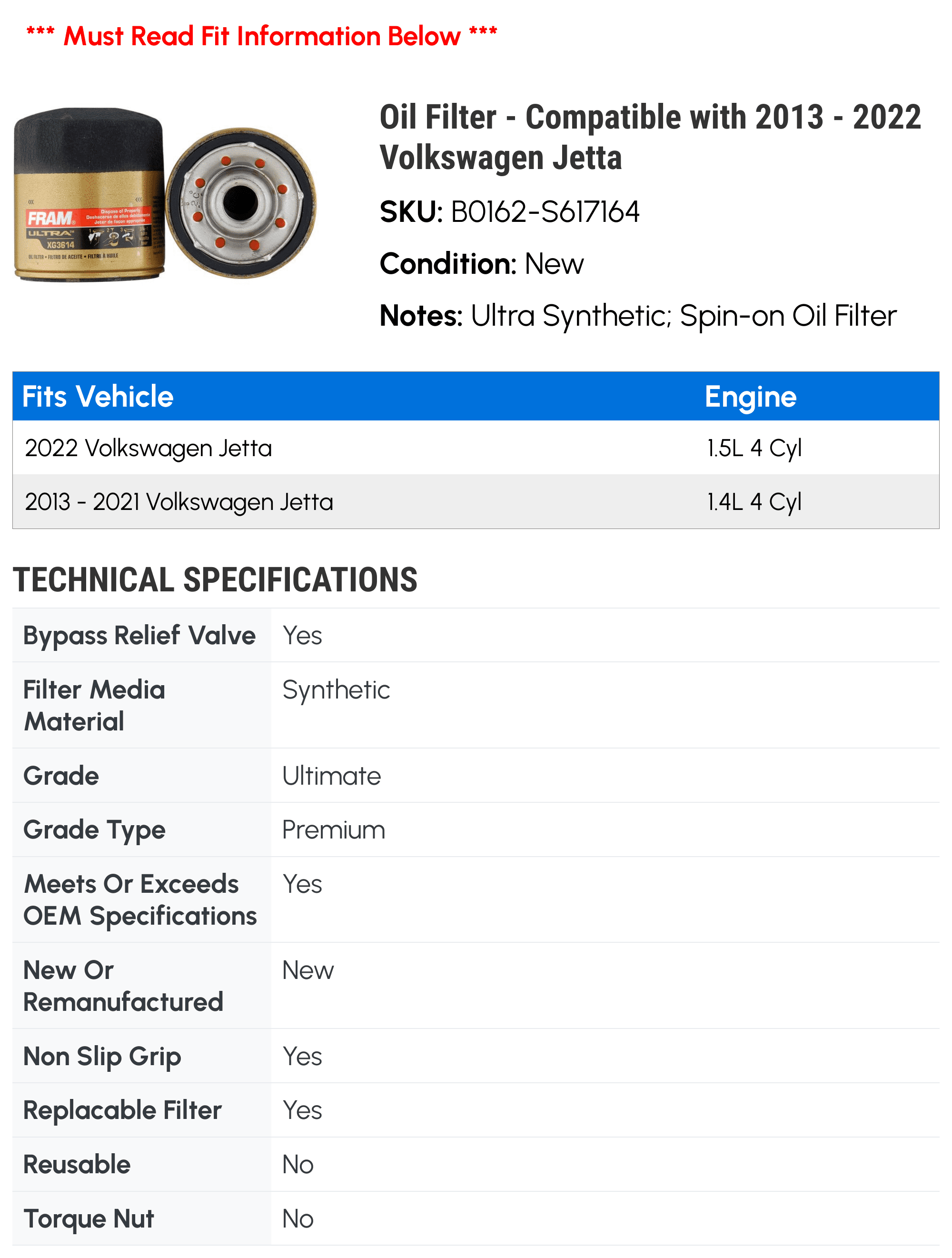 Oil Filter - Compatible with 2013 - 2022 Volkswagen Jetta 2014 2015 2016 2017 2018 2019 2020 2021