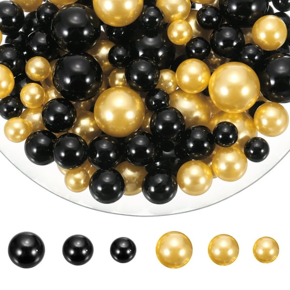 Uxcell 200 Pcs Pearl Bead for Vase Filler, 20/14/10mm Faux Pearl Floating Beads Makeup NO Hole for Candles Centerpieces Table Scatter Wedding Home Decoration(Black Yellow)