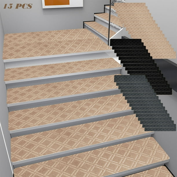 Escalones antideslizantes de 15PCS | Grandes escaleras adhesivas reutilizables de 21,6x7,4 pulgadas | Poliéster antideslizante gris y caqui antideslizante | Fácil de limpiar, amortiguación suave