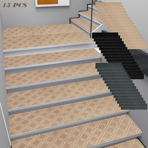 RKSTN 15-Pcs Stair Tread Mat, Self-Adhesive, Diamond Embossed, Khaki