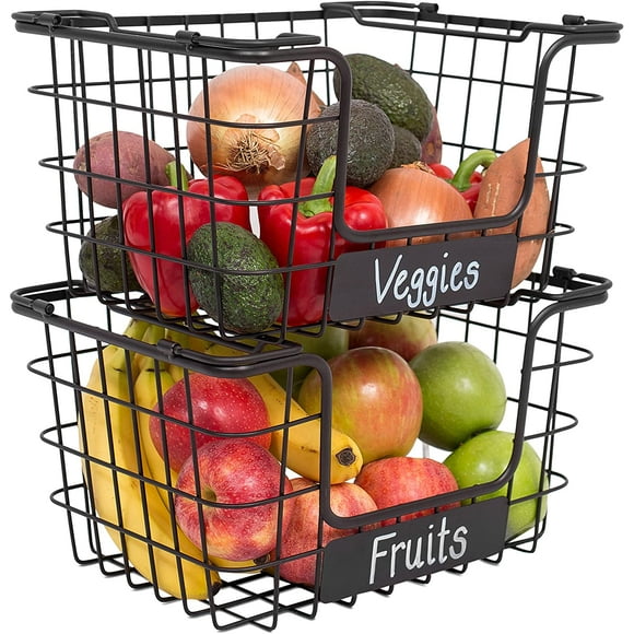 BirdRock Home Stacking Wire Market Baskets with Chalk Label - Set of 2 - Fruit Vegetable Produce Metal Storage Bin for Kitchen Counter - Pantry Cabinet - Bathroom Shelves - Metallic Black