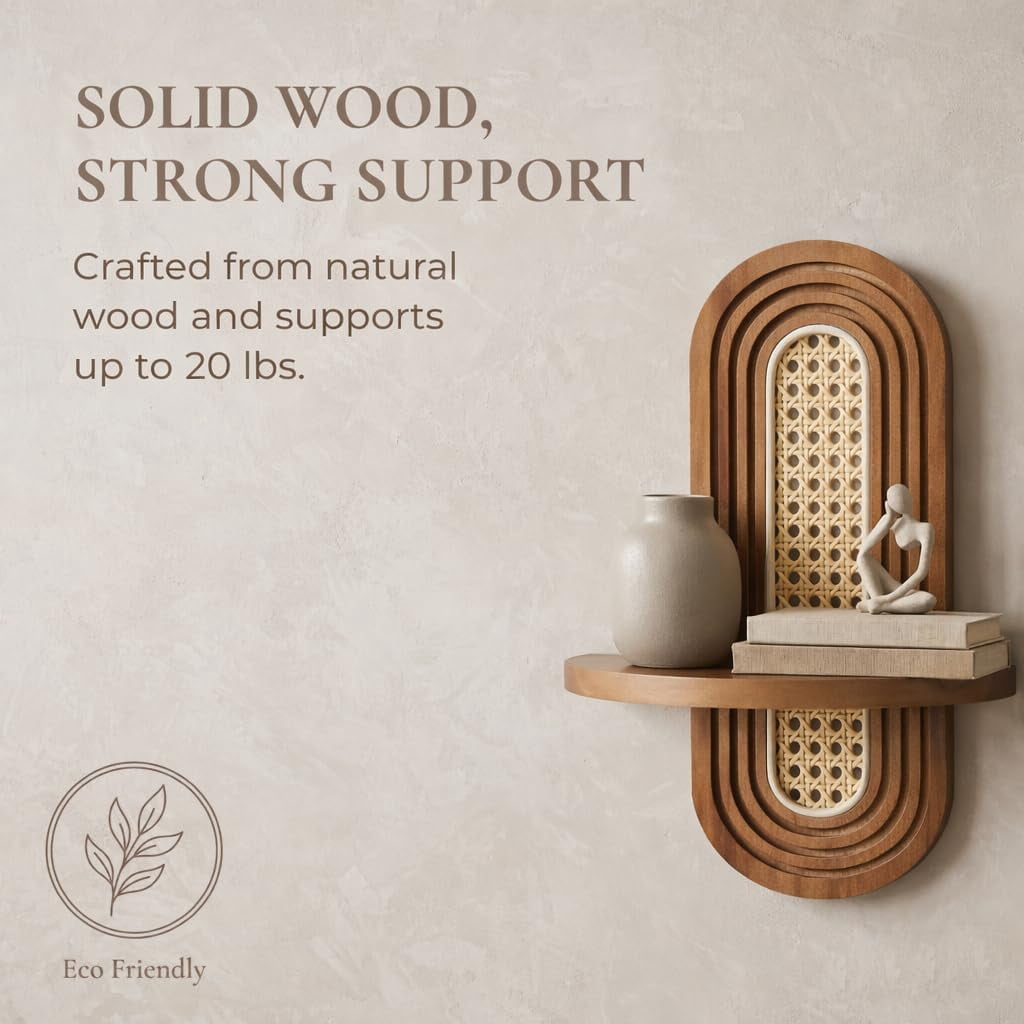 Rattan Wall Shelf for Plants, Floating Wall Shelves, Rattan Plant Display,   Natural Wood & Hand Woven, Durable and Sturdy Construction Unique Corner Wicker Shelf for Bathroom & Bedroom(Natural)