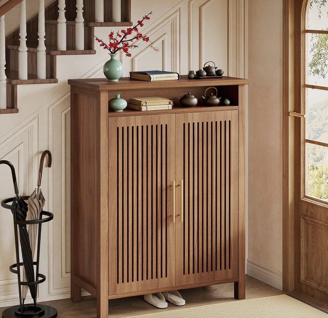 5-Tier Shoe Cabinet with Louvered Doors & Drawer, Freestanding Wooden Shoe Rack Organizer with Adjustable Shelves for Entryway, Hallway, Closet