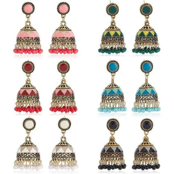6 Pairs Jhumkas Indian Earrings Vintage Indian Earrings for Women Boho Gold Plated Multicolor Bell Pearl Tassel Dangle Drop Gypsy Bollywood Statement Earring Fashion Jewelry