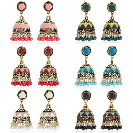 6 Pairs Jhumkas Indian Earrings Vintage Indian Earrings for Women Boho Gold Plated Multicolor Bell Faux Pearl Tassel Dangle Drop Gypsy Bollywood Statement Earring Fashion Jewelry DIY