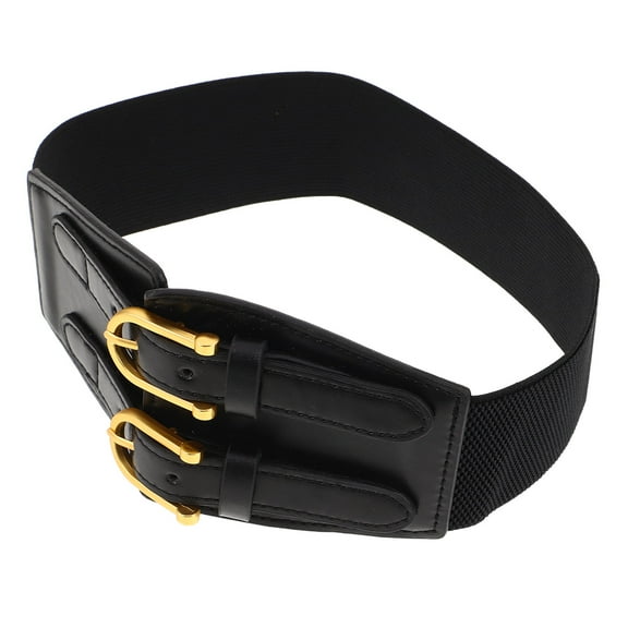 Pretyzoom Vintage Ladies Wide Waist Belt Black Double Buckle Elastic for Dresses