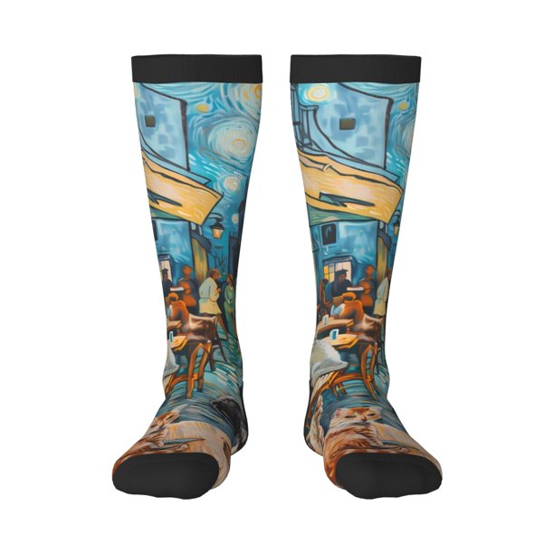 Balery Whimsical Cats Night Cafe Calcetines novedosos Calcetines deportivos Calcetines hasta la rodilla Calcetines de algodón Calcetines originales y geniales