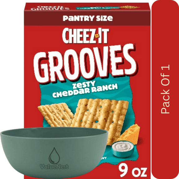 Cheez-It Grooves Zesty Cheddar Ranch Cheese Crackers, Crunchy Snack Crackers, 9 oz with Olive Green Bowl by ValueNest