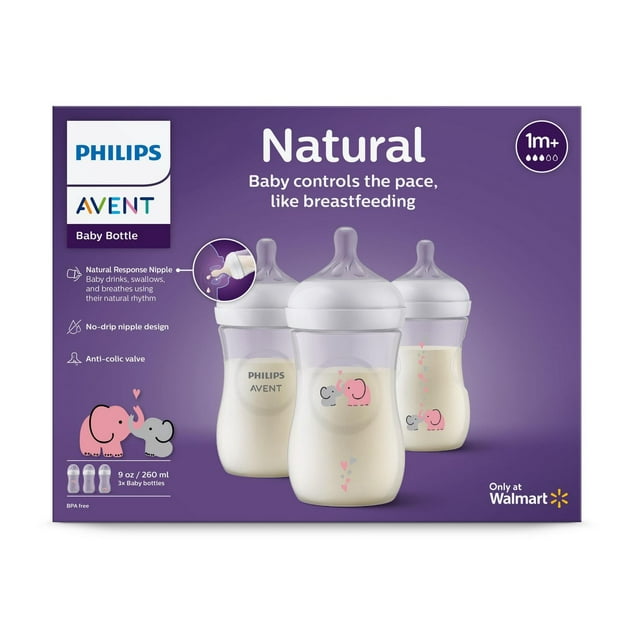 Philips Avent Natural Baby Bottle With Natural Response Nipple, With Blue Elephant Design, 3x9oz Bottles, SCY903/63