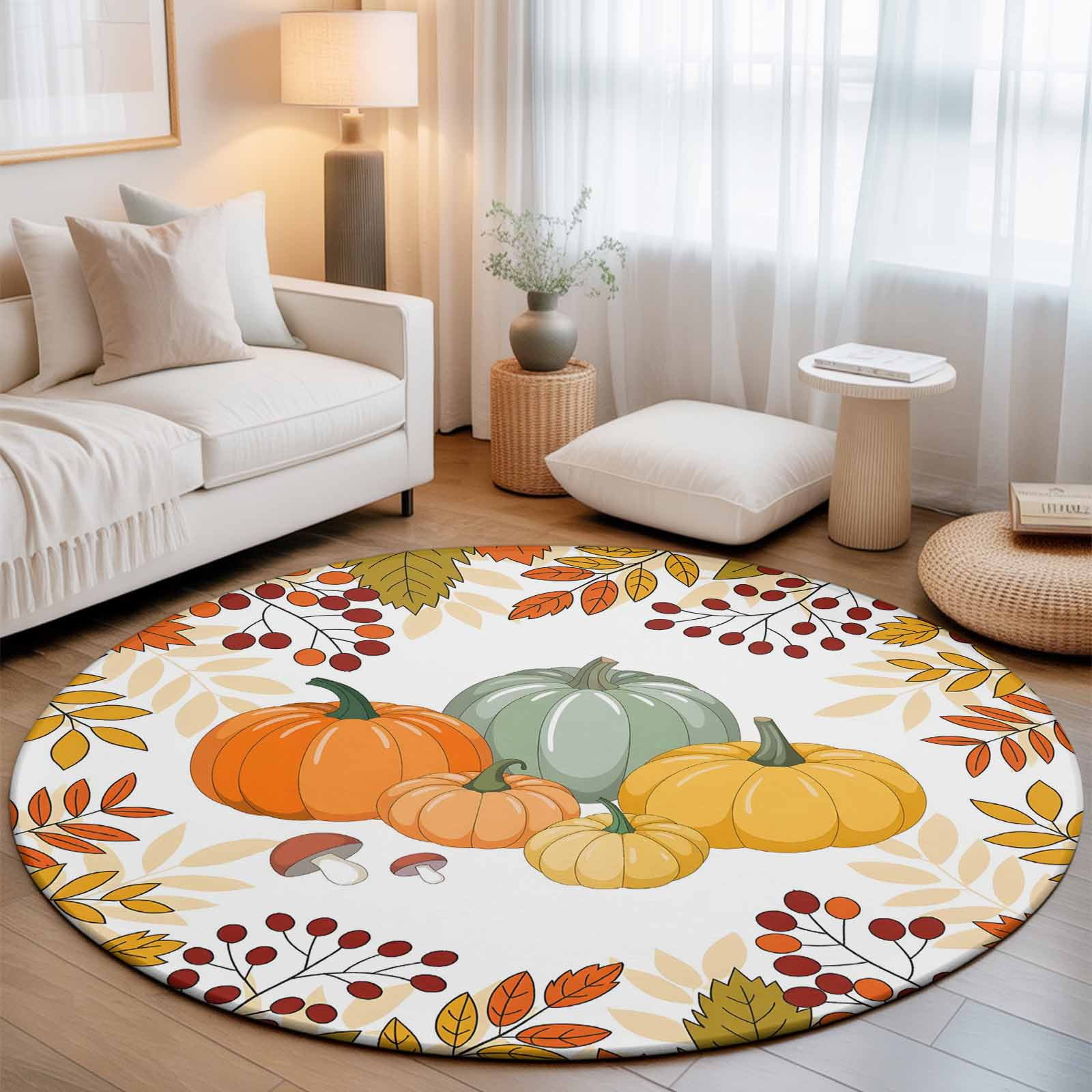 Round Area Rug - 4ft Thanksgiving Pumpkin Fall Orange Maple Leaf Non Slip Washable Circle Carpet Soft Large Floor Rugs for Living Room Bedroom Nursery Office