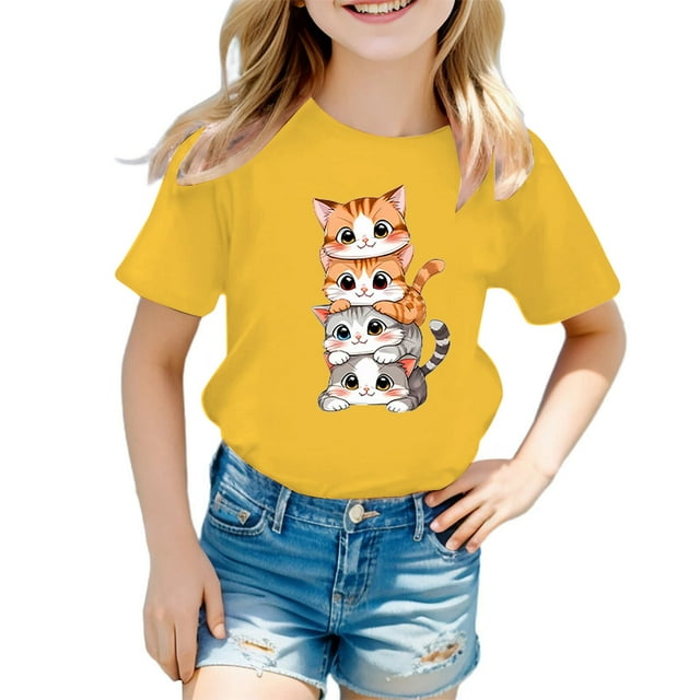 LUOGENLI T-Shirt pour Filles Enfant Filles Mignon Graphique Col Rond Manche Courte Tee Été Décontracté T-Shirt Chandails pour Filles Tendance Mini Jaune 7-8 Ans